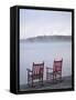 Two Red Rockers on Dock at Sunrise, Lake Mooselookmegontic, Maine-Nance Trueworthy-Framed Stretched Canvas