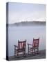 Two Red Rockers on Dock at Sunrise, Lake Mooselookmegontic, Maine-Nance Trueworthy-Stretched Canvas