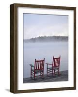 Two Red Rockers on Dock at Sunrise, Lake Mooselookmegontic, Maine-Nance Trueworthy-Framed Photographic Print