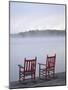 Two Red Rockers on Dock at Sunrise, Lake Mooselookmegontic, Maine-Nance Trueworthy-Mounted Photographic Print