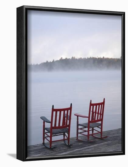 Two Red Rockers on Dock at Sunrise, Lake Mooselookmegontic, Maine-Nance Trueworthy-Framed Photographic Print