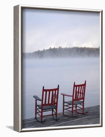 Two Red Rockers on Dock at Sunrise, Lake Mooselookmegontic, Maine-Nance Trueworthy-Framed Photographic Print