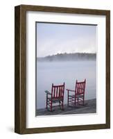 Two Red Rockers on Dock at Sunrise, Lake Mooselookmegontic, Maine-Nance Trueworthy-Framed Photographic Print