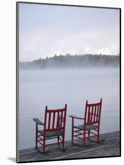 Two Red Rockers on Dock at Sunrise, Lake Mooselookmegontic, Maine-Nance Trueworthy-Mounted Photographic Print