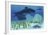 Two Rockfish Watch Cautiously as a Pod of Pilot Whales Swim Past a Coral Reef-null-Framed Art Print