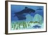 Two Rockfish Watch Cautiously as a Pod of Pilot Whales Swim Past a Coral Reef-null-Framed Art Print