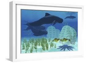 Two Rockfish Watch Cautiously as a Pod of Pilot Whales Swim Past a Coral Reef-null-Framed Art Print