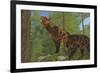 Two Saber-Toothed Cats Search for Prey in a Pine Forest-null-Framed Art Print