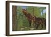 Two Saber-Toothed Cats Search for Prey in a Pine Forest-null-Framed Art Print