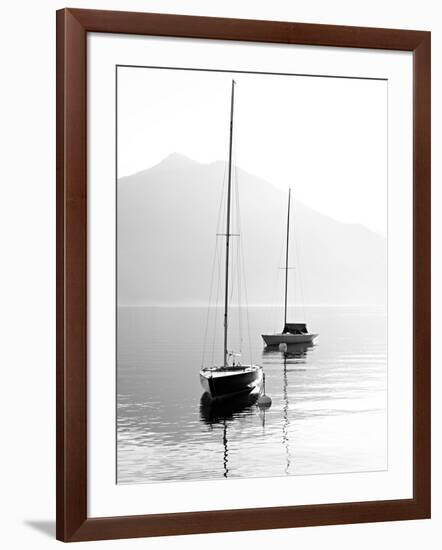 Two Sail Boats in Early Morning on the Mountain Lake. Black and White Photography. Salzkammergut, A-Kletr-Framed Photographic Print