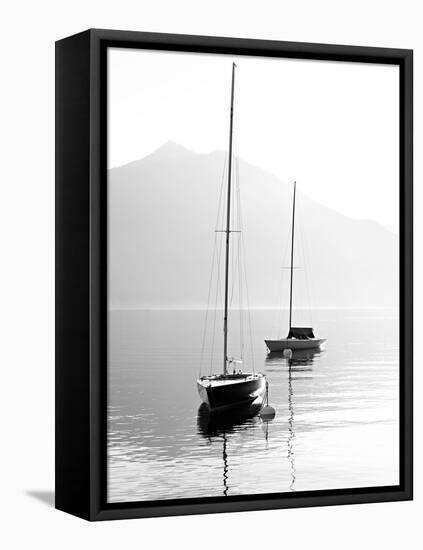 Two Sail Boats in Early Morning on the Mountain Lake. Black and White Photography. Salzkammergut, A-Kletr-Framed Stretched Canvas