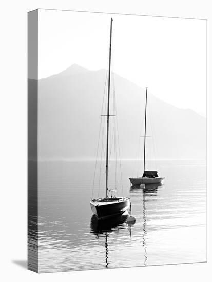 Two Sail Boats in Early Morning on the Mountain Lake. Black and White Photography. Salzkammergut, A-Kletr-Stretched Canvas