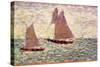 Two Sailboats at Grandcamp, C.1885 (Oil on Panel)-Georges Pierre Seurat-Stretched Canvas