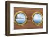 Two Ship Windows or Portholes with Sea or Ocean with Tropical Island. Travel and Adventure Concept.-Andrey_Kuzmin-Framed Photographic Print