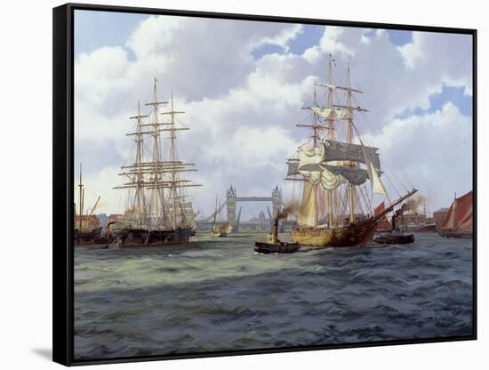 Two Ships Leaving London through Tower Bridge-James Brereton-Framed Stretched Canvas
