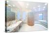 Two Sinks and Big Mirror in Spacious Bathroom with Jacuzzi and Blue and Red Tiles.-Paha_L-Stretched Canvas