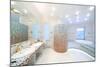 Two Sinks and Big Mirror in Spacious Bathroom with Jacuzzi and Blue and Red Tiles.-Paha_L-Mounted Photographic Print