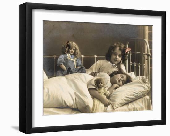 Two Sisters Prepare for Bed - and of Course their Dolls Come to Bed with Them-null-Framed Photographic Print