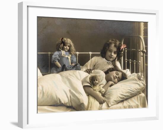 Two Sisters Prepare for Bed - and of Course their Dolls Come to Bed with Them-null-Framed Photographic Print