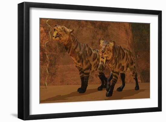 Two Smilodon Cats Find Protection in a Vast Cave System-null-Framed Art Print