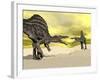 Two Spinosaurus Dinosaur Fighting in the Desert-null-Framed Art Print