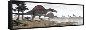 Two Spinosaurus Dinosaurs Walking to the Water in a Desert Landscape-null-Framed Stretched Canvas