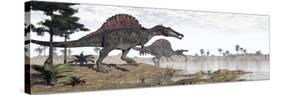 Two Spinosaurus Dinosaurs Walking to the Water in a Desert Landscape-null-Stretched Canvas