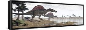 Two Spinosaurus Dinosaurs Walking to the Water in a Desert Landscape-null-Framed Stretched Canvas