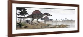 Two Spinosaurus Dinosaurs Walking to the Water in a Desert Landscape-null-Framed Premium Giclee Print