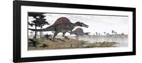 Two Spinosaurus Dinosaurs Walking to the Water in a Desert Landscape-null-Framed Premium Giclee Print