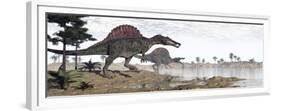 Two Spinosaurus Dinosaurs Walking to the Water in a Desert Landscape-null-Framed Premium Giclee Print
