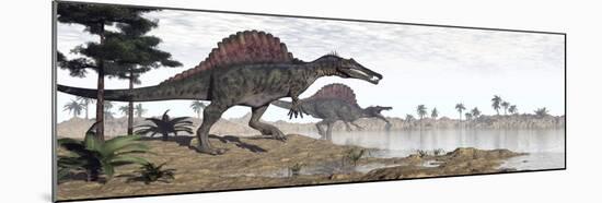 Two Spinosaurus Dinosaurs Walking to the Water in a Desert Landscape-null-Mounted Art Print