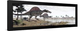 Two Spinosaurus Dinosaurs Walking to the Water in a Desert Landscape-null-Framed Art Print