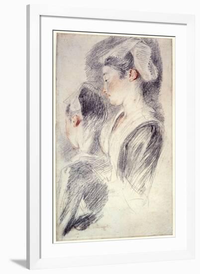 Two Studies of a Young Woman's Head, 1716-18-Jean-Antoine Watteau-Framed Giclee Print