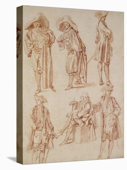 Two Studies of the Doctor in the Italian Comedy and Four Officers, Three Standing, One Seated-Jean Antoine Watteau-Stretched Canvas