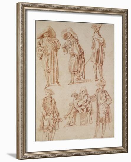 Two Studies of the Doctor in the Italian Comedy and Four Officers, Three Standing, One Seated-Jean Antoine Watteau-Framed Giclee Print