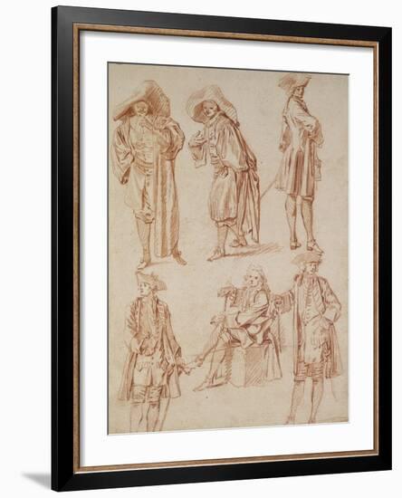 Two Studies of the Doctor in the Italian Comedy and Four Officers, Three Standing, One Seated-Jean Antoine Watteau-Framed Giclee Print