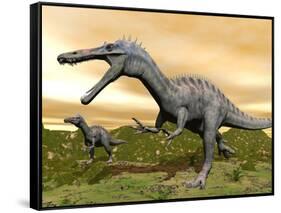 Two Suchomimus Dinosaurs Running-null-Framed Stretched Canvas
