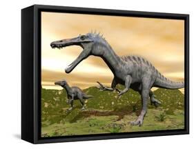 Two Suchomimus Dinosaurs Running-null-Framed Stretched Canvas