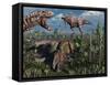 Two T. Rex Dinosaurs Confront Each Other over a Dead Triceratops-Stocktrek Images-Framed Stretched Canvas