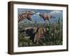 Two T. Rex Dinosaurs Confront Each Other over a Dead Triceratops-Stocktrek Images-Framed Photographic Print