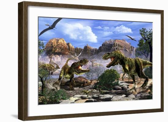 Two T-Rex Dinosaurs Fighting over a Dead Carcass-Stocktrek Images-Framed Art Print