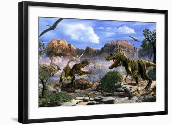 Two T-Rex Dinosaurs Fighting over a Dead Carcass-Stocktrek Images-Framed Art Print