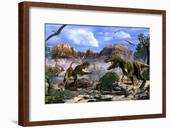 Two T-Rex Dinosaurs Fighting over a Dead Carcass-Stocktrek Images-Framed Art Print