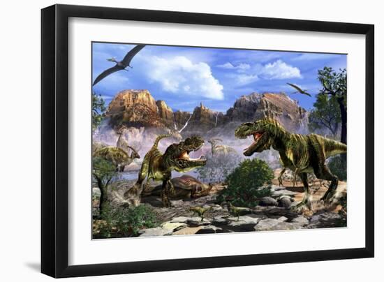 Two T-Rex Dinosaurs Fighting over a Dead Carcass-Stocktrek Images-Framed Art Print