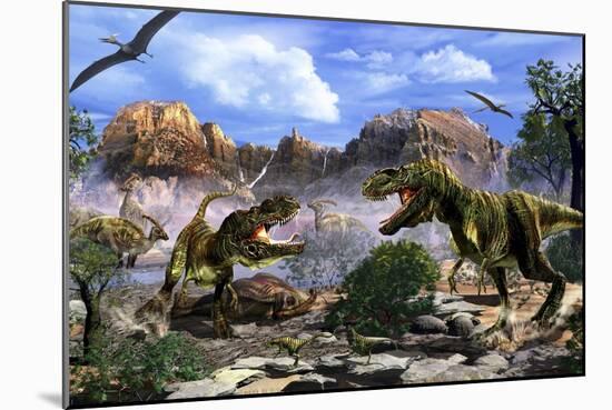 Two T-Rex Dinosaurs Fighting over a Dead Carcass-Stocktrek Images-Mounted Art Print