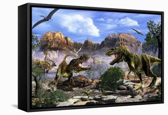 Two T-Rex Dinosaurs Fighting over a Dead Carcass-Stocktrek Images-Framed Stretched Canvas