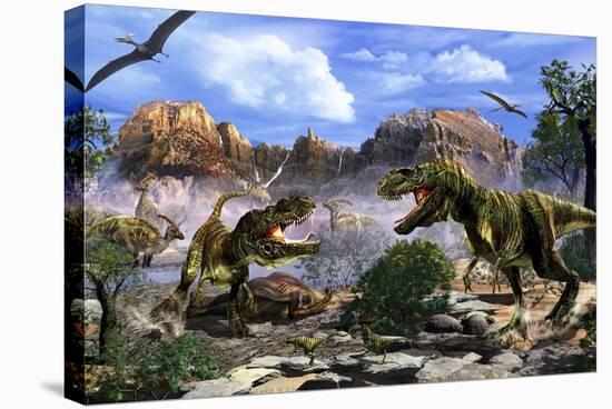 Two T-Rex Dinosaurs Fighting over a Dead Carcass-Stocktrek Images-Stretched Canvas