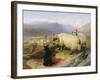 Two Tethered Rams with Coiled Horns Guarded by Two Sheep Dogs in a Mountain Landscape, 19th Century-Edwin Henry Landseer-Framed Giclee Print