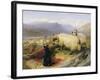 Two Tethered Rams with Coiled Horns Guarded by Two Sheep Dogs in a Mountain Landscape, 19th Century-Edwin Henry Landseer-Framed Giclee Print